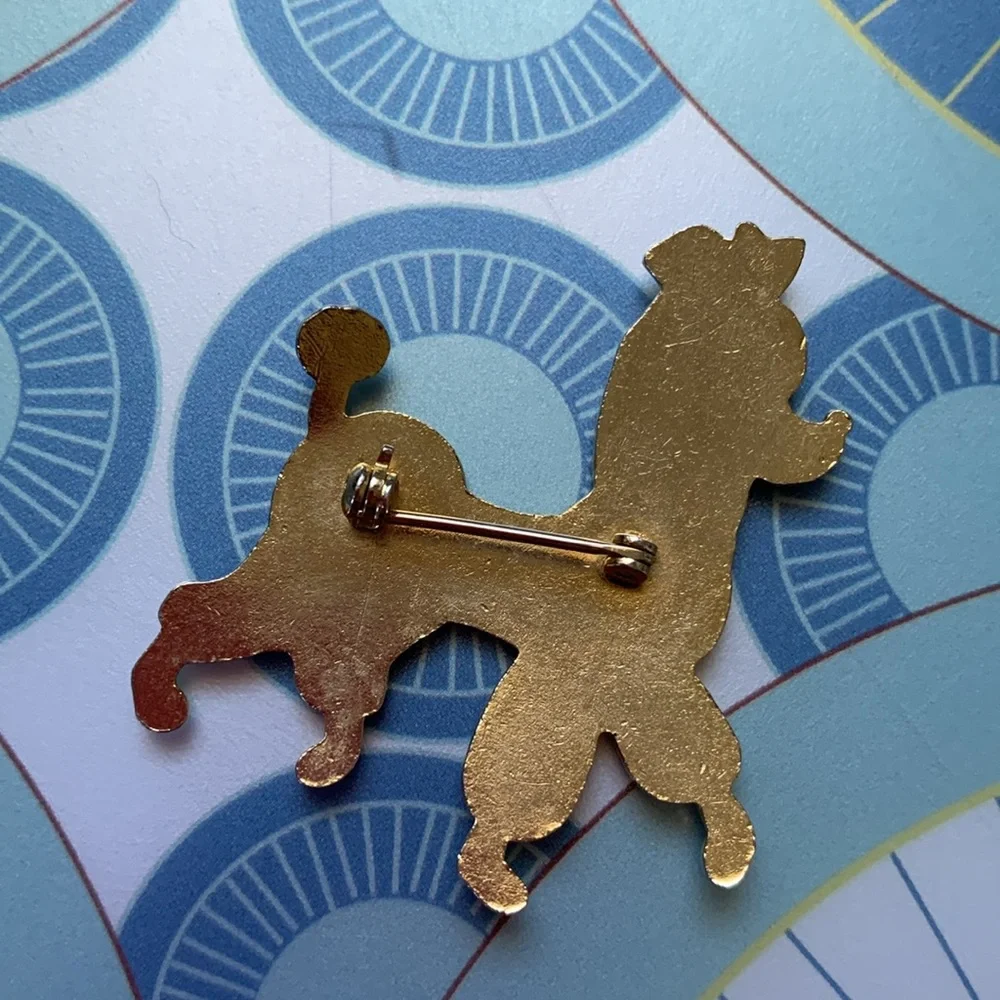 Fancy black French Poodle pin with blue eyes, sweater + bow EUC
